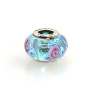 Sterling Silver Cedora Glass Bead Blue With Flowers