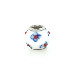 Sterling Silver White Glass Bead Blue & Red Flowers