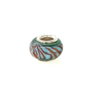 Sterling Silver Green/Light Blue Red-Orange Striped Glass Bead