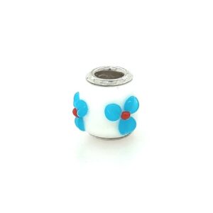 Sterling Silver White Glass Bead Blue & Red Flowers