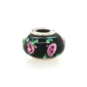 Sterling Silver Cedora Glass Bead Black With Pink Flowers