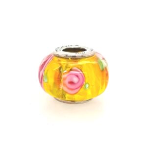 Sterling Silver Cedora Glass Bead Yellow With Flowers