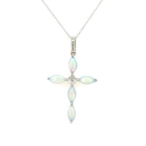 10K W Marquise Opal & Diamond Cross Necklace