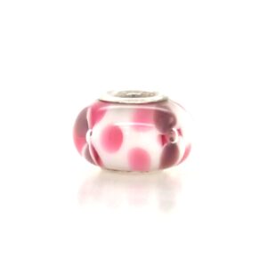 Sterling Silver White Glass Bead With Pink Dots