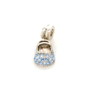 Sterling Silver Baby Shoe Dangle Bead With Light Blue Crystals