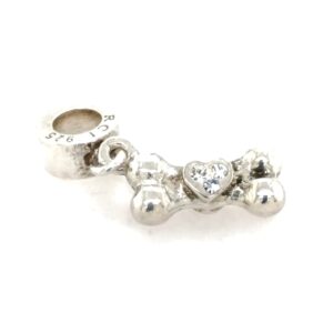 Sterling Silver Dog Bone Dangle Bead With Hearts & Crystals