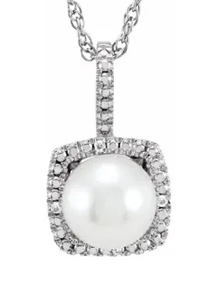 Sterling Silver Freshwater Pearl and Diamond Halo Necklace