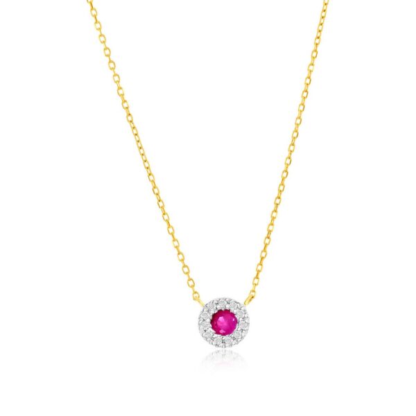 14 Karat Yellow Gold Ruby and Diamond Halo Necklace