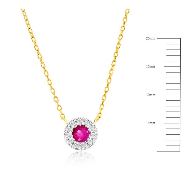 14 Karat Yellow Gold Ruby and Diamond Halo Necklace
