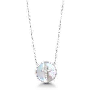 Sterling Silver, Round Mother of Pearl with Center CZ Cross Necklace
