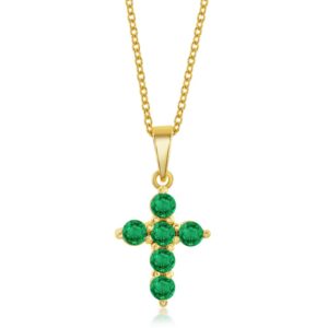Sterling Silver, Gold Plated, Genuine Emerald Cross Necklace