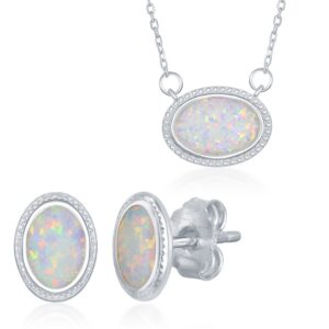 Sterling Silver, White Inlay Opal Studded Border Oval Necklace & Stud Earrings Set