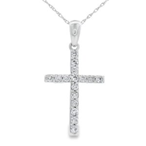 14 Karat White Gold Natural Diamond Cross Necklace