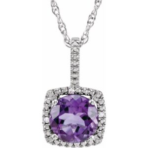 Sterling Silver Amethyst and Diamond Halo Necklace