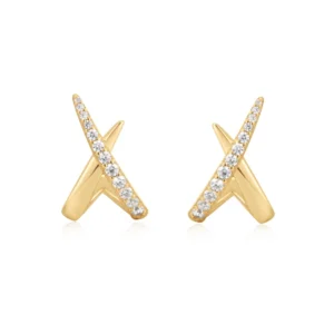 Sterling Silver, 14 Karat Yellow Gold Plated and CZ,  X-shaped, ″Kiss″ Stud Earrings