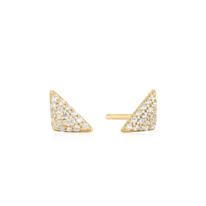 Sterling Silver, 14 Karat Yellow Gold Plated and CZ Triangular Pave Stud Earrings