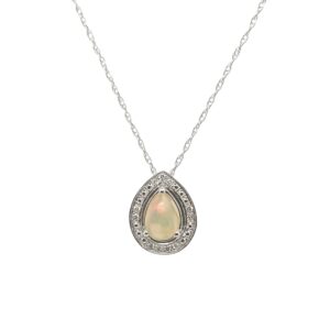 10 Karat White Gold Pear-Shaped Opal and Diamond Necklace