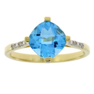 10 Karat Yellow Gold Cushion Cut Blue Topaz and Natural Diamond Ring