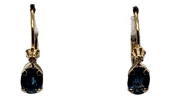 14 Karat Yellow Gold, Oval shaped Blue Sapphire and Diamond Lever Back Earrings