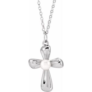 Sterling Silver Cultured White Freshwater Pearl Cross Necklace on 18 inch Rolo Link Chain. Sterling Silver Cultured White Freshwater Pearl Cross Necklace on 18 inch Rolo Link Chain.