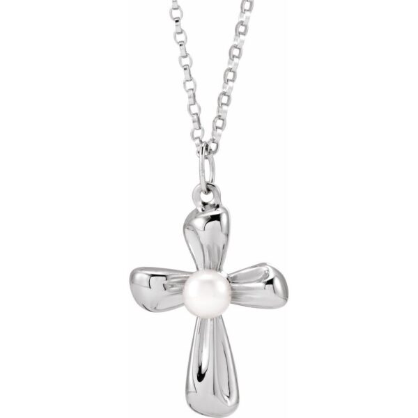 Sterling Silver Cultured White Freshwater Pearl Cross Necklace on 18 inch Rolo Link Chain.