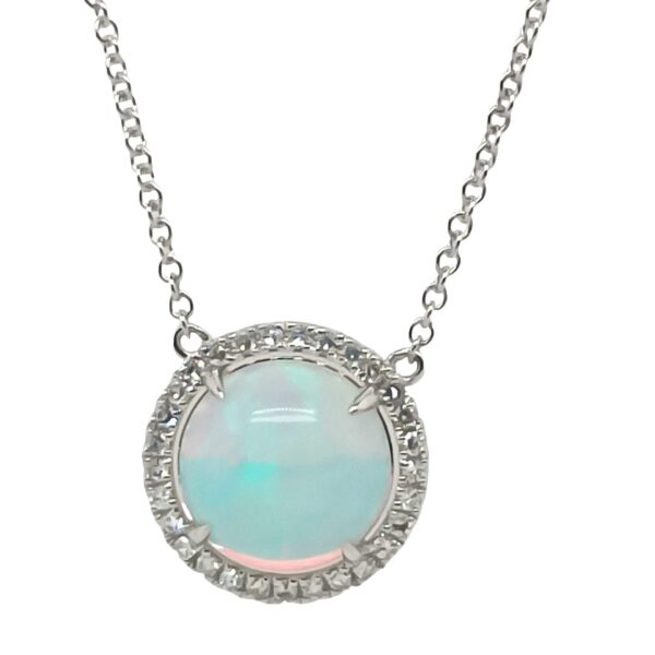 14 Karat White Gold Opal and Diamond Halo Necklace