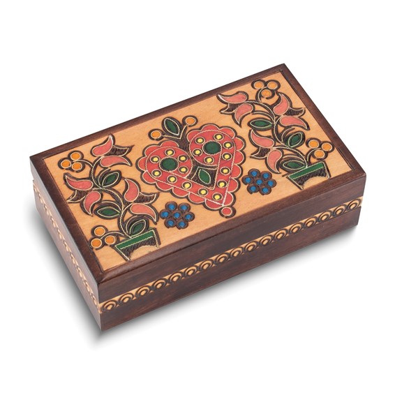 Red Heart with Flowers Handcrafted Wooden Keepsake Box