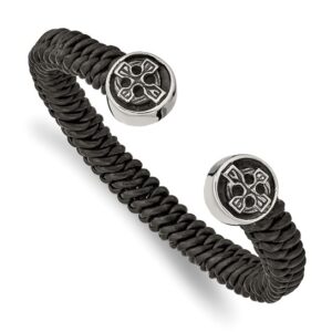 Stainless Steel Antiqued and Polished Black Leather Celtic Cross Cuff Bracelet Stainless Steel Antiqued and Polished Black Leather Celtic Cross Cuff Bracelet