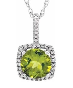 Sterling Silver Halo Peridot And Diamond Necklace With 7mm Round Genuine Peridot And .015 Round Diamonds Sterling Silver Halo Peridot And Diamond Necklace With 7mm Round Genuine Peridot And .015 Round Diamonds