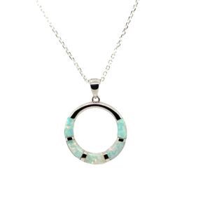 Sterling Silver Circular Pattern Lab Created Opal Inlay Pendant