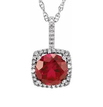 Sterling Silver Halo Ruby And Diamond Necklace With One 7mm Lab Grown Ruby And .015 CTW Natural Round Diamonds